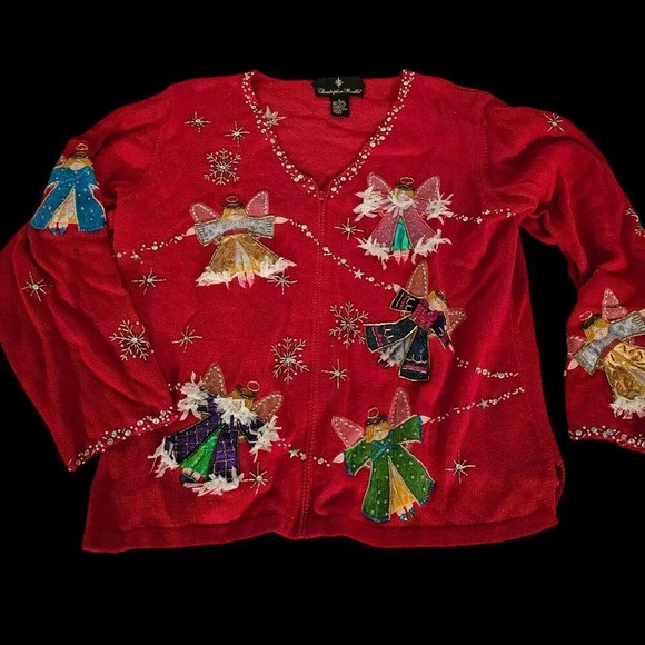 Christopher Radko Christmas Zipper sweater Cardigan sequin Angels Sx L - Picture 2 of 8